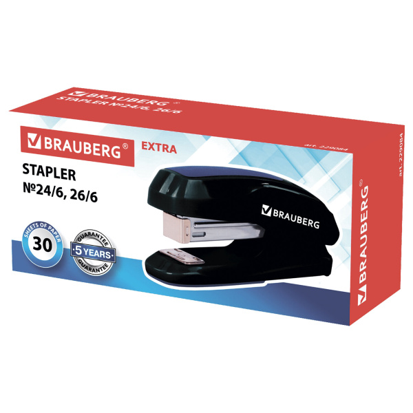 Степлер №24/6, 26/6 BRAUBERG "Extra", до 30 листов, черно-синий, 229084 - Степлеры настольные