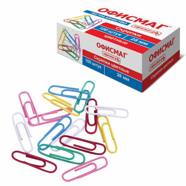 Скрепки ЭКСТРА ОФИСМАГ 28 мм цветные 100 штук, 271316 - Скрепки канцелярские