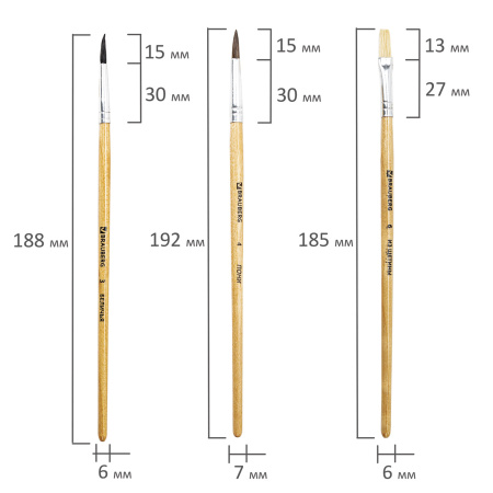 Кисти BRAUBERG, набор 3 шт. (белка, круглая № 3; пони, круглая № 4; щетина, плоская № 6), блистер, 200224 - Кисти для рисования