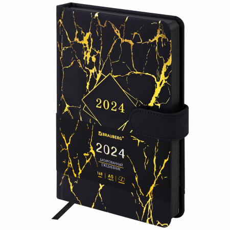 Ежедневник датированный 2024 А5 138x213 мм BRAUBERG "Goldy", под кожу, цветной срез, черный, 114979 - Ежедневники с покрытием "под кожу и ткань"