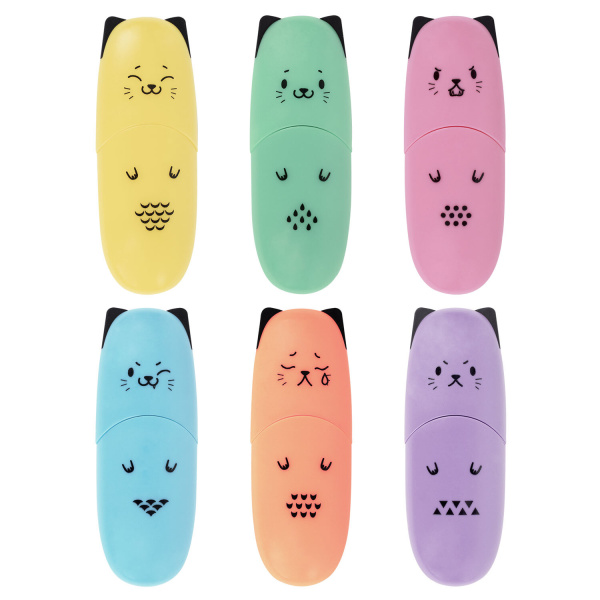 Текстовыделитель мини BRAUBERG KIDS "CUTE CATS PASTEL", АССОРТИ В ПЛАСТИКОВОЙ БАНКЕ, линия 1-5 мм, 152434. - Текстовыделители