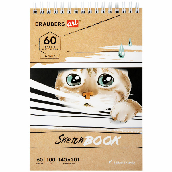Скетчбук, белая бумага 100 г/м2, 140х201 мм, 60 л., гребень, жёсткая подложка, BRAUBERG ART, "Котик!, 115062 - Альбомы, скетчбуки и бумага для графики и эскизов
