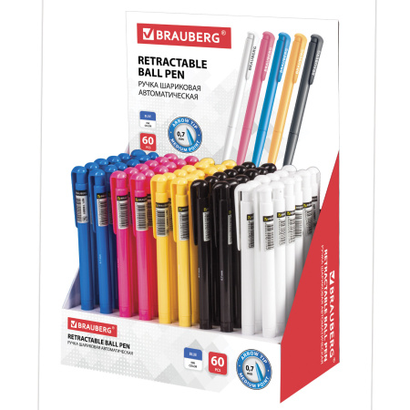 Ручка шариковая автоматическая BRAUBERG "Hot Hit", СИНЯЯ, корпус ассорти, узел 0,7 мм, линия письма 0,35 мм, 140891 - Ручки шариковые автоматические