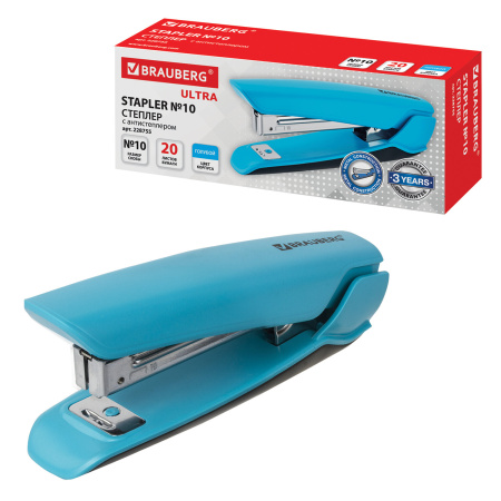 Степлер №10 BRAUBERG "ULTRA", до 20 листов, с антистеплером, голубой, 228755 - Степлеры настольные