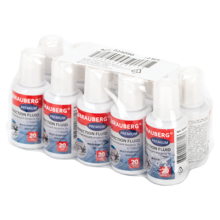 Корректирующая жидкость BRAUBERG "Premium", быстросохнущая, 20 мл, ЯРКО-БЕЛАЯ, с губкой, 224090 - Корректирующие жидкости