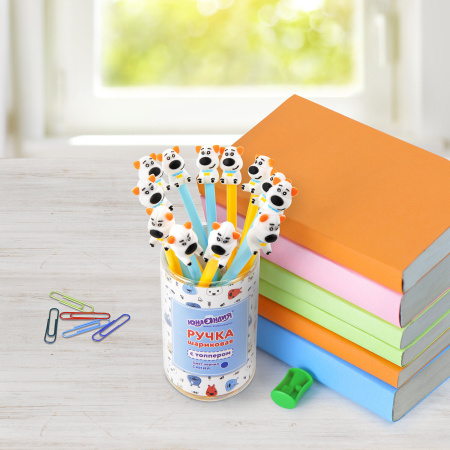 Ручка с топпером шариковая ЮНЛАНДИЯ "Собачка", корпус ассорти, СИНЯЯ, пишущий узел 0,7 мм, 143807 - Ручки фигурные