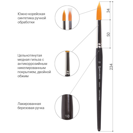Кисть художественная проф. BRAUBERG ART CLASSIC, синтетика жесткая, круглая, № 10, короткая ручка, 200653 - Кисти художественные из синтетического волоса