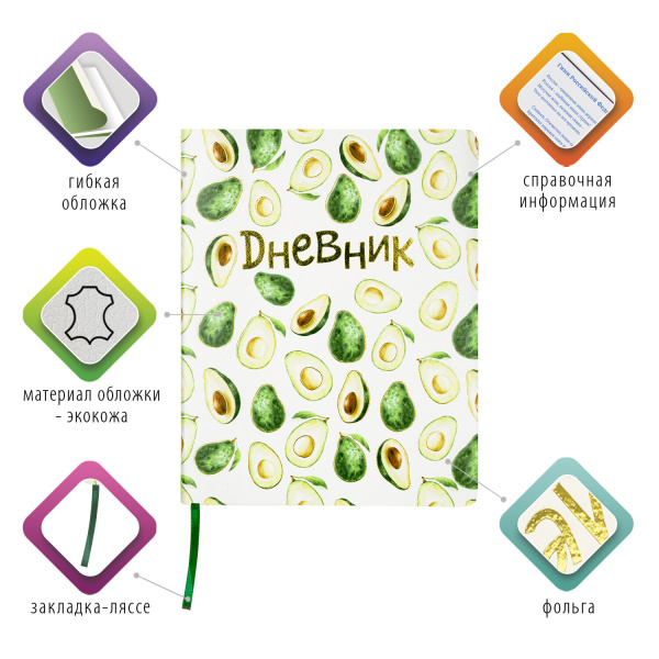 Дневник 1-11 класс 48 л., кожзам (гибкая), печать, фольга, BRAUBERG, "Avocado", 105974 - Дневники универсальные
