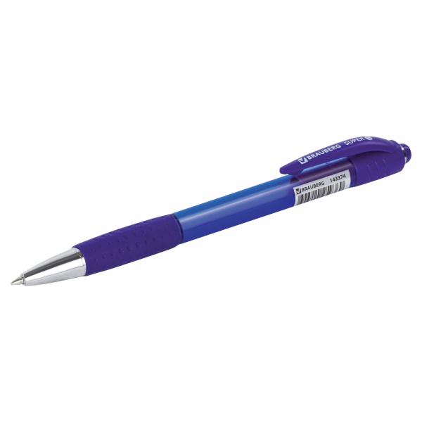 Ручка шариковая автоматическая с грипом BRAUBERG SUPER, СИНЯЯ, корпус синий, узел 0,7 мм, линия письма 0,35 мм, 1 шт, 143374 - Ручки шариковые автоматические