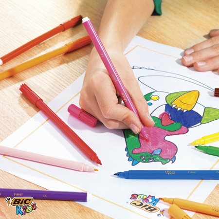 Фломастеры BIC "Kids Visa", 12 ЦВЕТОВ, суперсмываемые, вентилируемый колпачок, европодвес, 889695, 888695 - Фломастеры классические