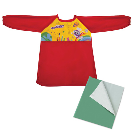 Набор для уроков труда ЮНЛАНДИЯ, клеенка ПВХ 40x69 см, фартук-накидка с рукавами, красный, 228356 - Аксессуары для рисования