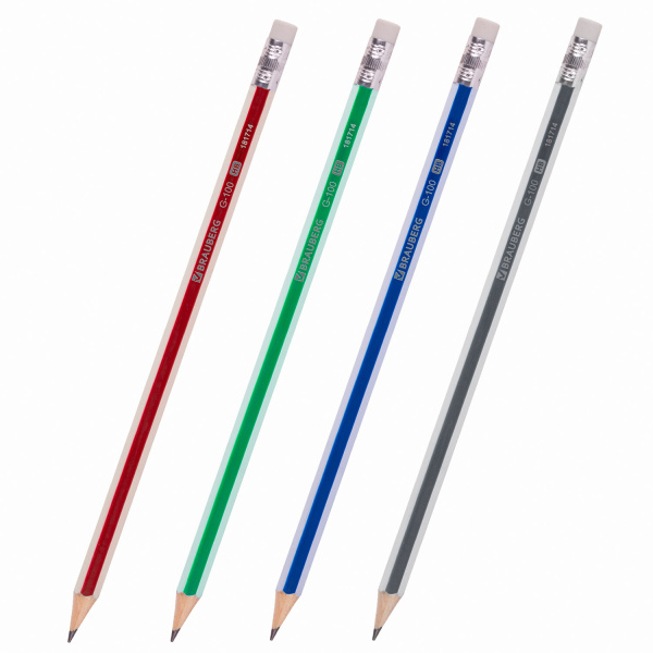 Карандаш чернографитный BRAUBERG "G-100", 1 шт., HB, с ластиком, корпус ассорти, 181714 - Карандаши чернографитные