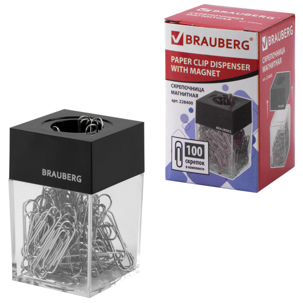 Скрепочница магнитная BRAUBERG со 100 никелированными скрепками 28 мм, прозрачный корпус, 228400 - Диспенсеры для скрепок