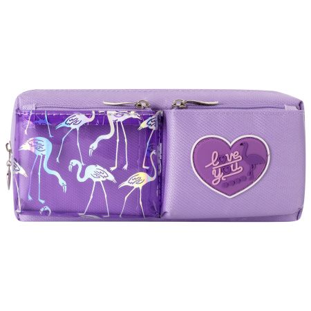 Пенал-косметичка ЮНЛАНДИЯ, 1 отделение, 2 кармана, полиэстер, "Flamingo", фиолетовый, 20х6х8 см, 270260 - Пеналы мягкие