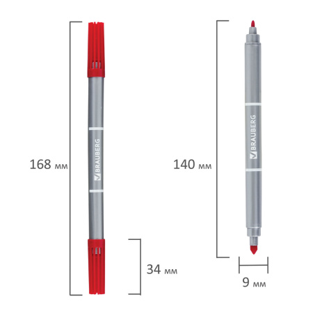 Фломастеры двухсторонние BRAUBERG 6 цветов, пишущие узлы 2 и 5 мм, вентилируемый колпачок, картонная упаковка, 151408 - Фломастеры классические