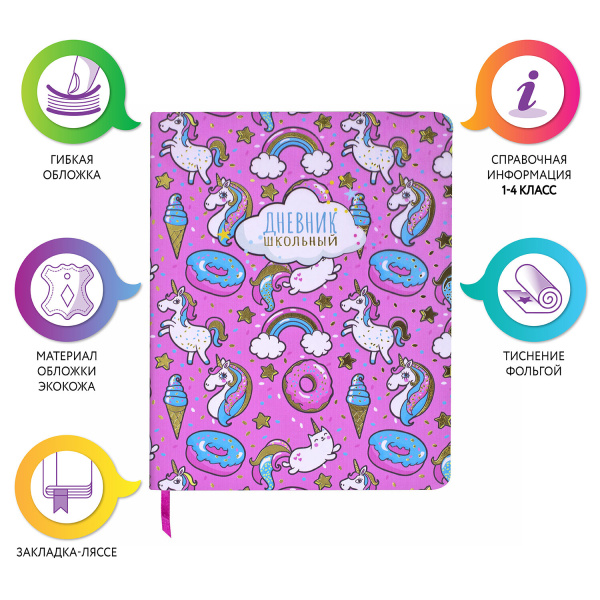 Дневник 1-4 класс 48 л., кожзам (гибкая), печать, фольга, ЮНЛАНДИЯ, "Unicorns", 106164 - Дневники для младших классов