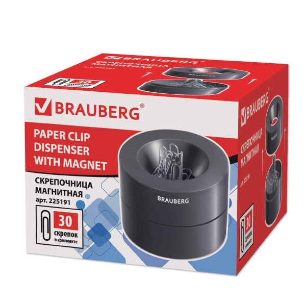 Скрепочница магнитная BRAUBERG с 30 скрепками, большой бочонок, черная, 225191 - Диспенсеры для скрепок