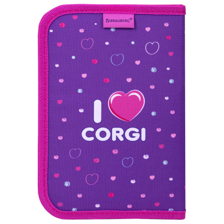 Пенал BRAUBERG, 1 отделение, полиэстер, 21х14 см, "I love corgi", 271530 - Пеналы каркасные