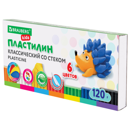 Пластилин классический BRAUBERG KIDS, 6 цветов, 120 г, стек, ВЫСШЕЕ КАЧЕСТВО, 106435 - Пластилин
