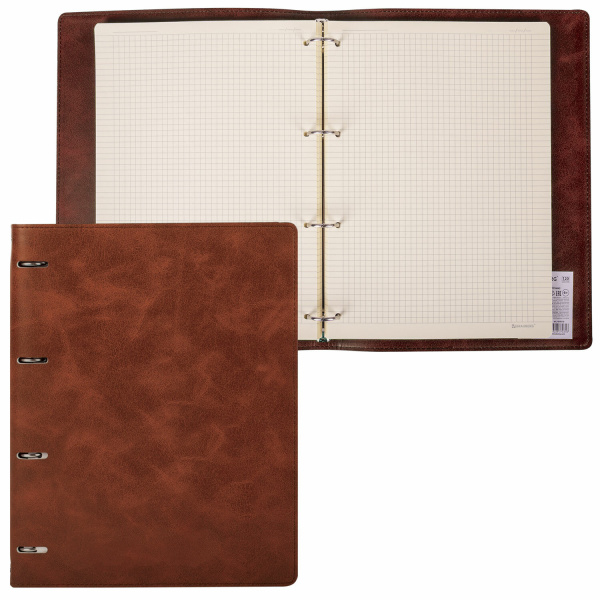 Тетрадь на кольцах БОЛЬШАЯ А4 (240х310 мм), 120 листов, под кожу, клетка, BRAUBERG "Main", коричневый, 404511 - Тетради на кольцах и сменные блоки к ним