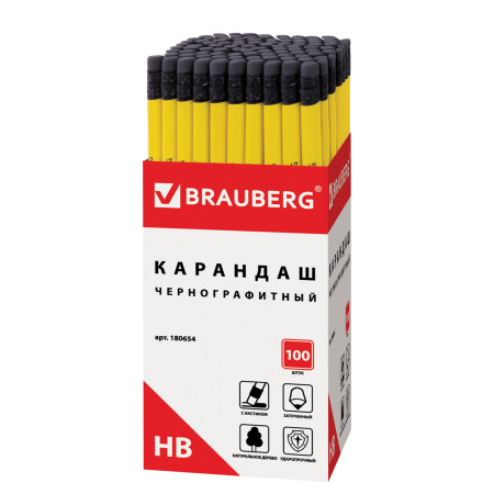 Карандаш чернографитный BRAUBERG, 1 шт., "Смайлики", НВ, c ластиком, корпус желтый, заточенный, 180654 - Карандаши чернографитные
