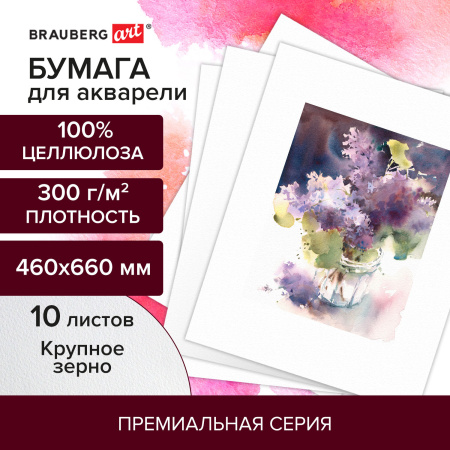 Бумага для акварели 300 г/м2 460x660 мм крупное зерно, 10 листов, BRAUBERG ART PREMIERE, 113234