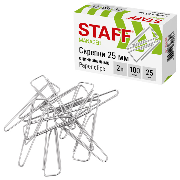 Скрепки STAFF, 25 мм, оцинкованные, треугольные, 100 шт., в картонной коробке, 270442 - Скрепки канцелярские