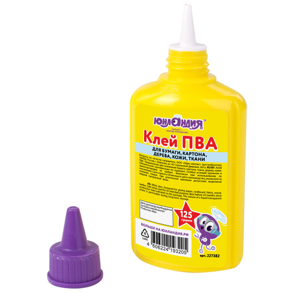 Клей ПВА ЮНЛАНДИЯ (бумага, картон, дерево), 125 г, 227382 - Клей ПВА