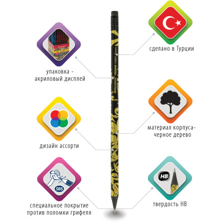 Карандаш чернографитный BRAUBERG "PREMIUM TURKEY", 1 шт., "Flowers", НВ, ассорти, дисплее, 181562 - Карандаши чернографитные