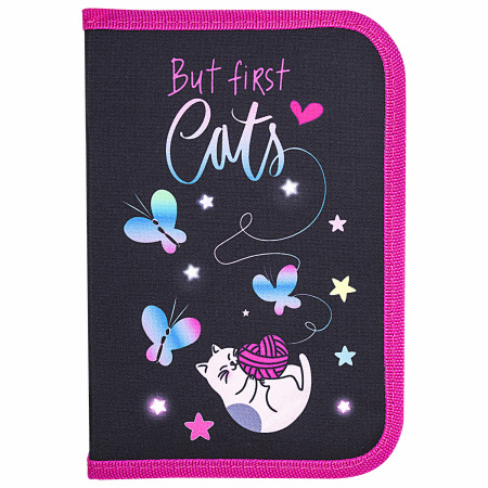 Пенал BRAUBERG с наполнением, 1 отделение, 1 откидная планка, 24 предмета, 21х14 см, "Cats first", 271525 - Пеналы с наполнением