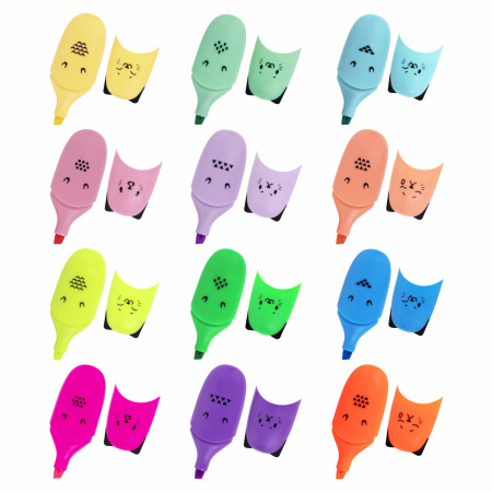 Набор текстовыделителей мини 12 ЦВЕТОВ BRAUBERG KIDS "CUTE CATS", линия 1-5 мм, 152437 - Текстовыделители