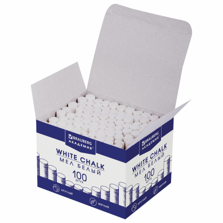 Мел белый BRAUBERG "АКАДЕМИЯ" (АЛГЕМ), КОМПЛЕКТ 100 штук, круглый, мягкий, 271146 - Мелки