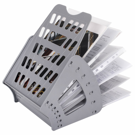 Лоток для бумаг веерный BRAUBERG "Basic" 7-ми секционный, 6 отделений, сетчатый, серый, 237020 - Лотки и подставки секционные