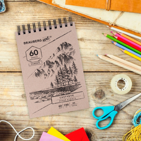 Скетчбук, белая бумага 190 г/м2, 145х212 мм, 60 л., гребень, твердая обложка, BRAUBERG ART CLASSIC, 113851 - Альбомы, скетчбуки и бумага для графики и эскизов
