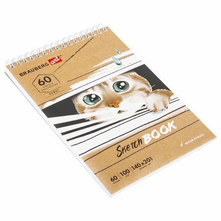 Скетчбук, белая бумага 100 г/м2, 140х201 мм, 60 л., гребень, жёсткая подложка, BRAUBERG ART, "Котик!, 115062 - Альбомы, скетчбуки и бумага для графики и эскизов