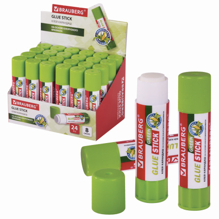 Клей-карандаш на натуральной основе BRAUBERG GREEN, 8 г, 270436