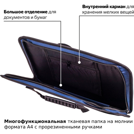 Папка на молнии с ручками STAFF "EVERYDAY", А4, твердые стенки, ткань, синяя, 228345 - Папки-сумки с ручками