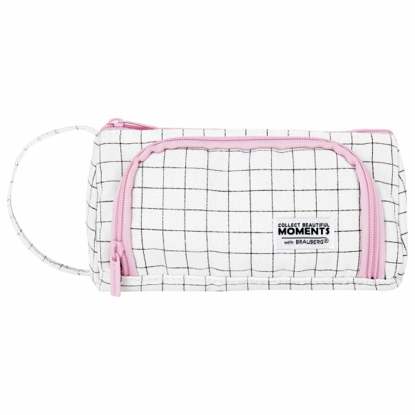 Пенал-косметичка BRAUBERG с ручкой, 1 откидная планка, полиэстер, 22x10х8 см, "Checkered white", 271558 - Пеналы мягкие
