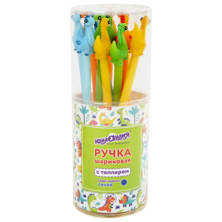 Ручка с топпером шариковая ЮНЛАНДИЯ "Динозаврик", корпус ассорти, СИНЯЯ, пишущий узел 0,7 мм, 143809 - Ручки фигурные
