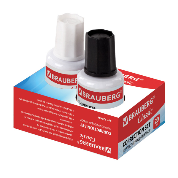 Корректирующий набор BRAUBERG, КОРРЕКТИРУЮЩАЯ ЖИДКОСТЬ + РАЗБАВИТЕЛЬ, 20+20 мл, 220454 - Корректирующие жидкости