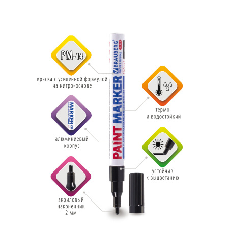 Маркер-краска лаковый (paint marker) 2 мм, ЧЕРНЫЙ, НИТРО-ОСНОВА, алюминиевый корпус, BRAUBERG PROFESSIONAL PLUS, 151439 - Маркеры-краски лаковые