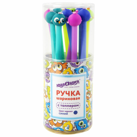 Ручка с топпером шариковая ЮНЛАНДИЯ "Птенец", корпус ассорти, СИНЯЯ, пишущий узел 0,7 мм, 143811 - Ручки фигурные