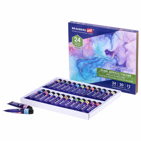 Краски акриловые художественные ПЕРЛАМУТРОВЫЕ, НАБОР 24 шт., 20 цветов в тубах 12 мл, BRAUBERG ART, 192244 - Акриловые краски художественные в наборах