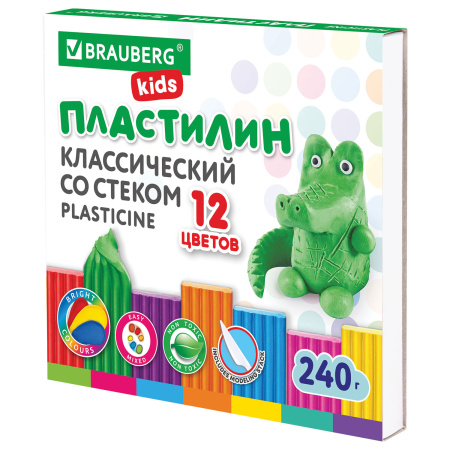 Пластилин классический BRAUBERG KIDS, 12 цветов, 240 г, стек, ВЫСШЕЕ КАЧЕСТВО, 106436 - Пластилин