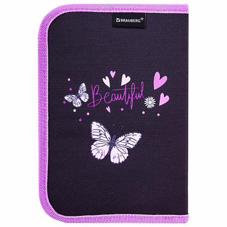 Пенал BRAUBERG с наполнением, 1 отделение, 1 откидная планка, 24 предмета, 21х14 см, "Flower butterfly", 271524 - Пеналы с наполнением
