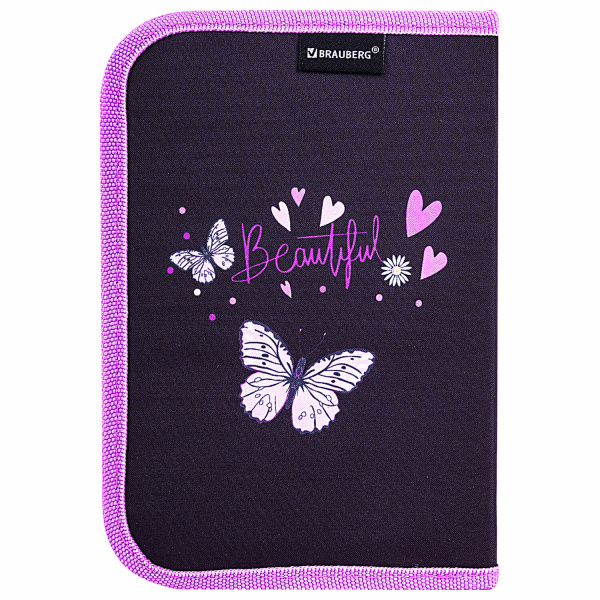 Пенал BRAUBERG с наполнением, 1 отделение, 1 откидная планка, 24 предмета, 21х14 см, "Flower butterfly", 271524 - Пеналы с наполнением