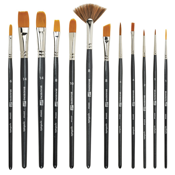 Кисти художественные набор 12 шт., в черной скрутке, синтетика, BRAUBERG ART CLASSIC, № 1-14 + веерная, 200968 - Кисти художественные в наборах