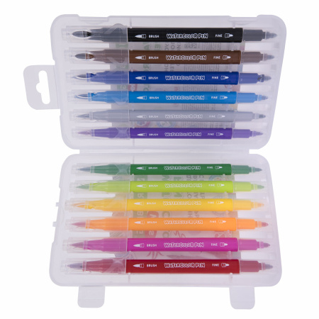 Фломастеры двусторонние с кистью 12 цветов (кисть/классический), СУПЕРКЕЙС, BRAUBERG KIDS, 152188 - Фломастеры классические