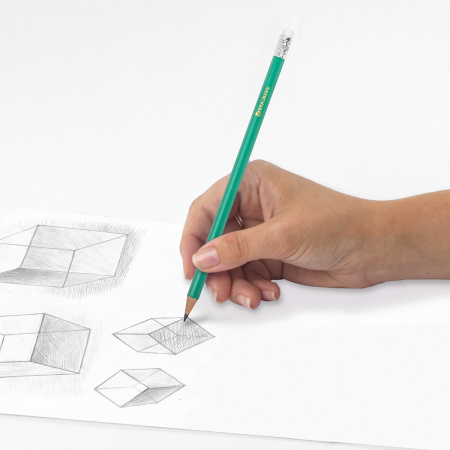 Карандаши чернографитные BRAUBERG НАБОР 12 шт., НВ, с резинкой, пластиковый зеленый корпус, 180678 - Карандаши чернографитные