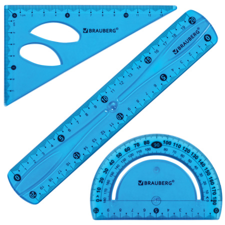 Набор чертежный средний гибкий BRAUBERG "FLEX" (линейка 20 см, треугольник, транспортир), ассорти, 210679 - Наборы чертежные